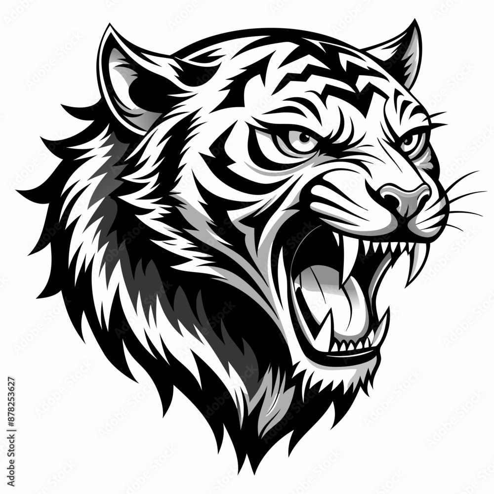 Angry Roaring Tiger Face - Black and White Vector Illustration Angry Roaring Tiger Face - Black and White Vector Illustration