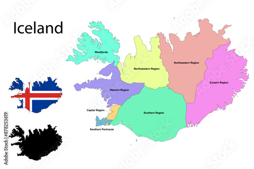 Iceland administrative divisions. Iceland flag and map illustration vector. Districts of Iceland
