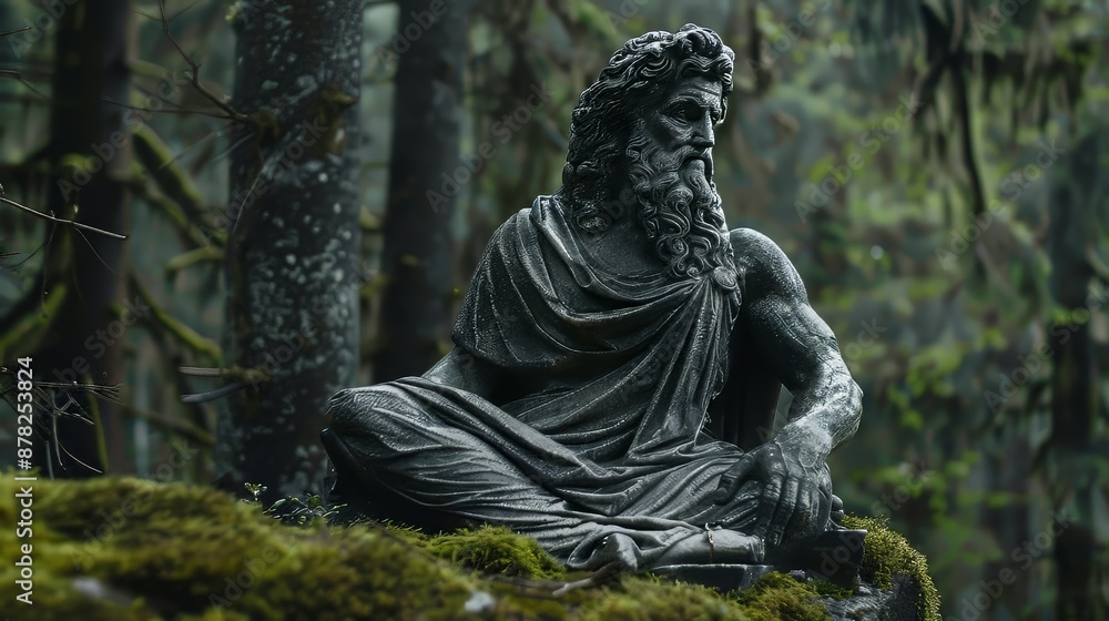 Sitting Statue of Zeus in a Forest of Black Granite Sitting Statue of Zeus in a Forest of Black Granite