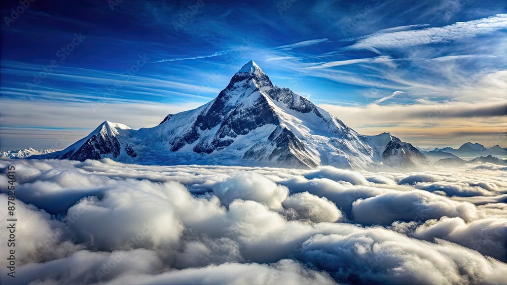 Majestic snow-covered mountain peak rising above sea of clouds, capturing winter's beauty, winter, snow, mountain, peak Majestic snow-covered mountain peak rising above sea of clouds, capturing winter's beauty, winter, snow, mountain, peak