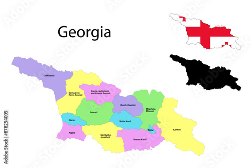 Georgia administrative divisions. Georgia flag and map illustration vector. Districts of Georgia