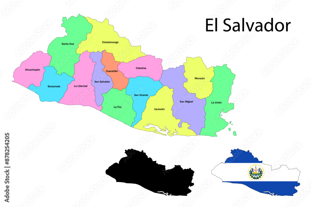 Obraz premium El Salvador administrative divisions. El Salvador flag and map illustration vector. Districts of El Salvador
