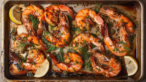 Garlic Shrimp. Prawns  oven roasted on pan with lemon garlic and dill.  Wide photo
