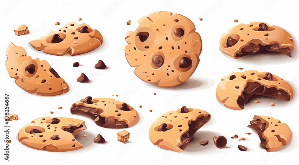 National Chocolate Chip Cookie Day. Set of vector illustrations of cookies with chocolate chips and broken pieces in the cartoon style against a white background National Chocolate Chip Cookie Day. Set of vector illustrations of cookies with chocolate chips and broken pieces in the cartoon style against a white background
