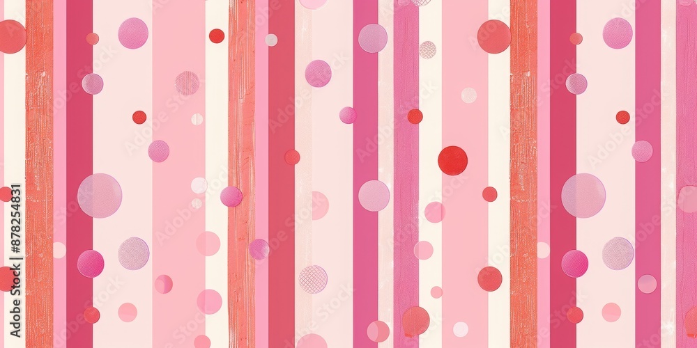 A playful and chic wallpaper featuring alternating stripes of different shades of pink, interspersed with polka dots in coordinating colors. A playful and chic wallpaper featuring alternating stripes of different shades of pink, interspersed with polka dots in coordinating colors.