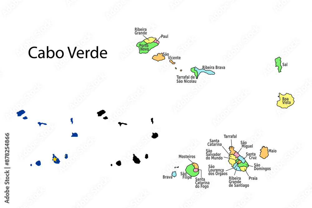 Cabo Verde administrative divisions. Cabo Verde flag and map illustration vector. Districts of Cabo Verde