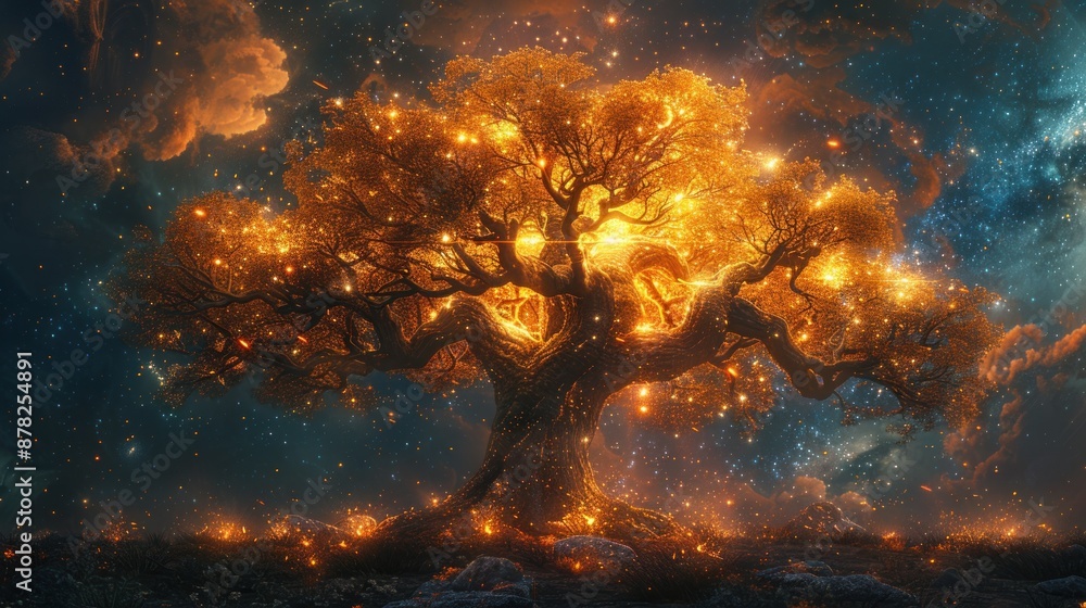 Naklejka premium Glowing Tree in the Night Sky