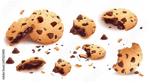 National Chocolate Chip Cookie Day. Set of vector illustrations of cookies with chocolate chips and broken pieces in the cartoon style against a white background