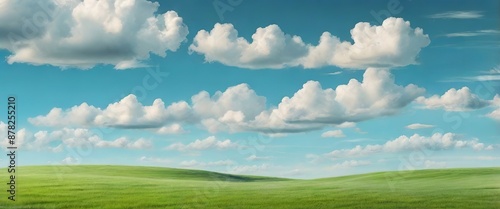 Panoramic landscape with green field, blue sky, clouds, and village houses. Summer Meadow. Made with Generative AI Technology