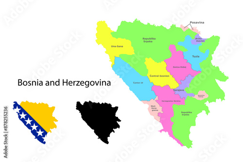 Bosnia and Herzegovina administrative divisions. Bosnia and Herzegovina flag and map illustration vector. Districts of Bosnia and Herzegovina