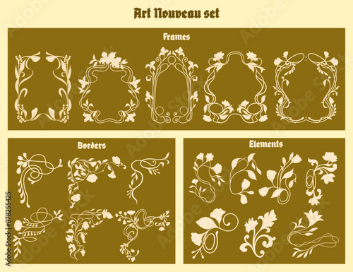 Art Nouveau floral frames, corners, and borders. Vector.