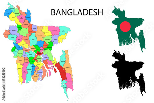 Bangladesh administrative divisions. Bangladesh flag and map illustration vector. Districts of Bangladesh