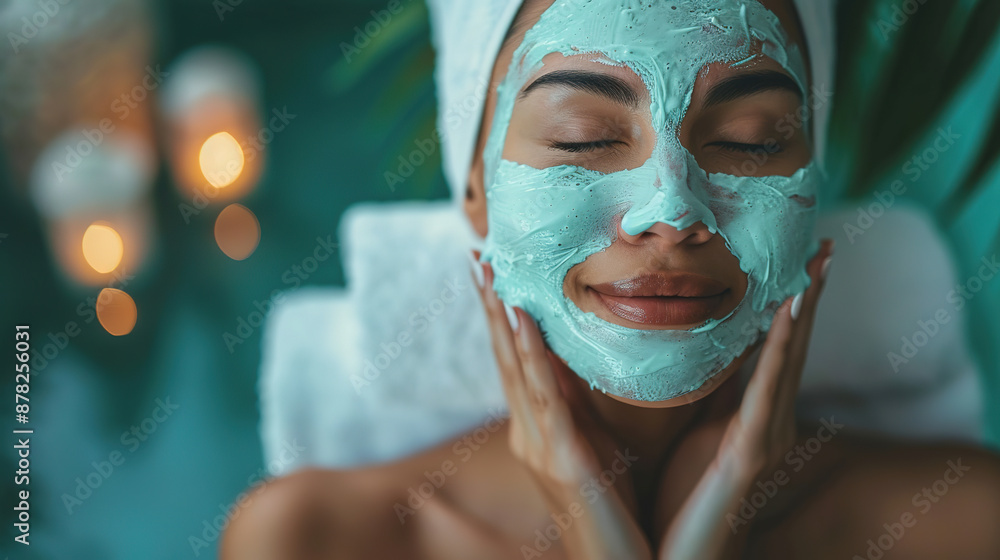 Woman apply face mask on face in spa beauty salon Woman apply face mask on face in spa beauty salon