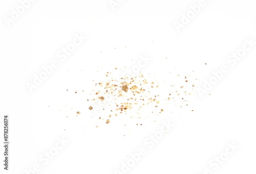 Shelled and ground Ground, milled, crushed almond nuts isolated on white. Edible, dried, brown seeds of Prunus dulcis. Ingredient in marzipan, nougat, cookies.