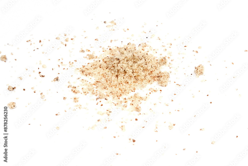 Shelled and ground Ground, milled, crushed almond nuts isolated on white. Edible, dried, brown seeds of Prunus dulcis. Ingredient in marzipan, nougat, cookies. Shelled and ground Ground, milled, crushed almond nuts isolated on white. Edible, dried, brown seeds of Prunus dulcis. Ingredient in marzipan, nougat, cookies.