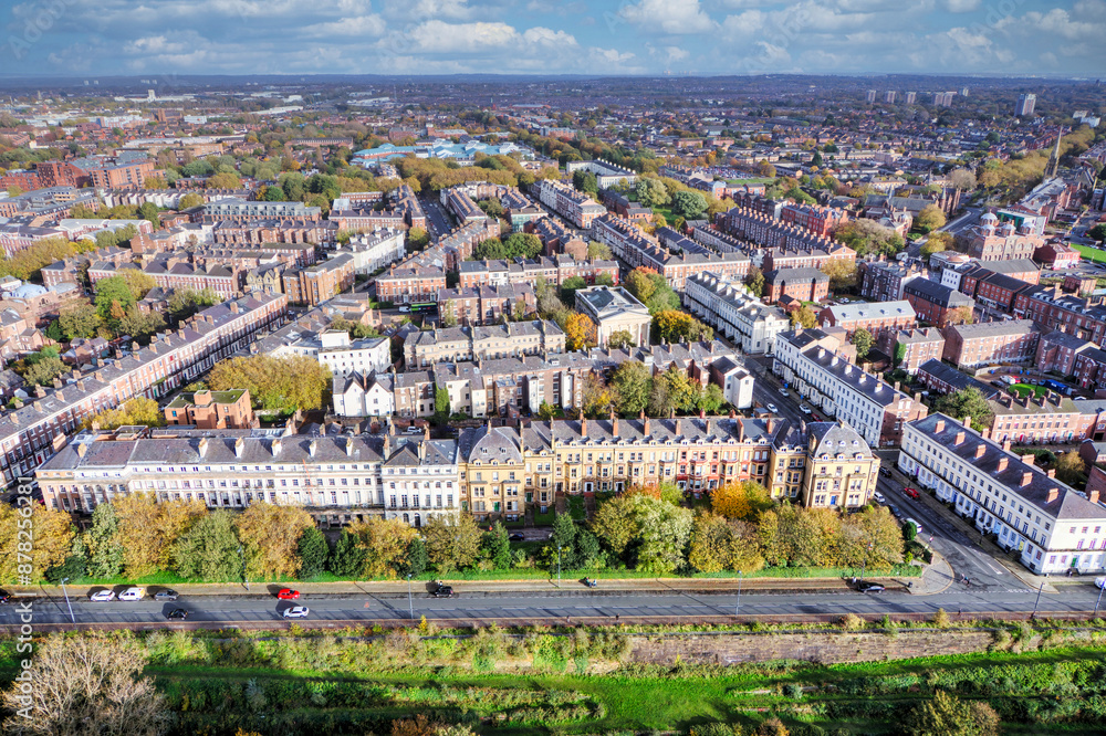 Aerial view of urban housing, UK.