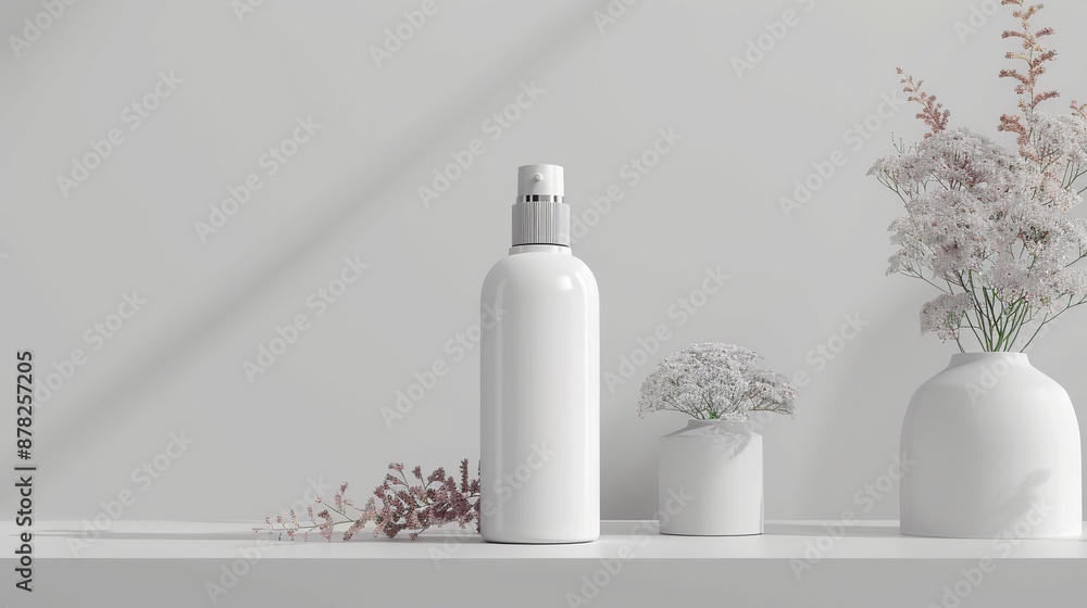Empty bottle without label on white paint wall background. Mockup for a cosmetic spray bottle, such as mineral spray or hairspray. With beautiful flower decoration and vase. Empty bottle without label on white paint wall background. Mockup for a cosmetic spray bottle, such as mineral spray or hairspray. With beautiful flower decoration and vase.