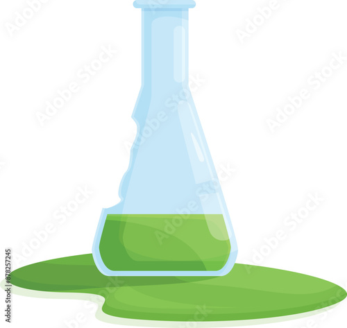 Cartoon style illustration of a broken flask leaking toxic green chemical liquid