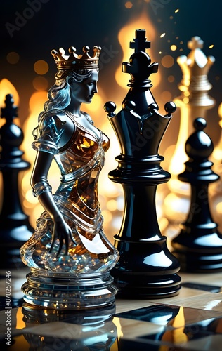 Glass Queen and Black King Chess Pieces