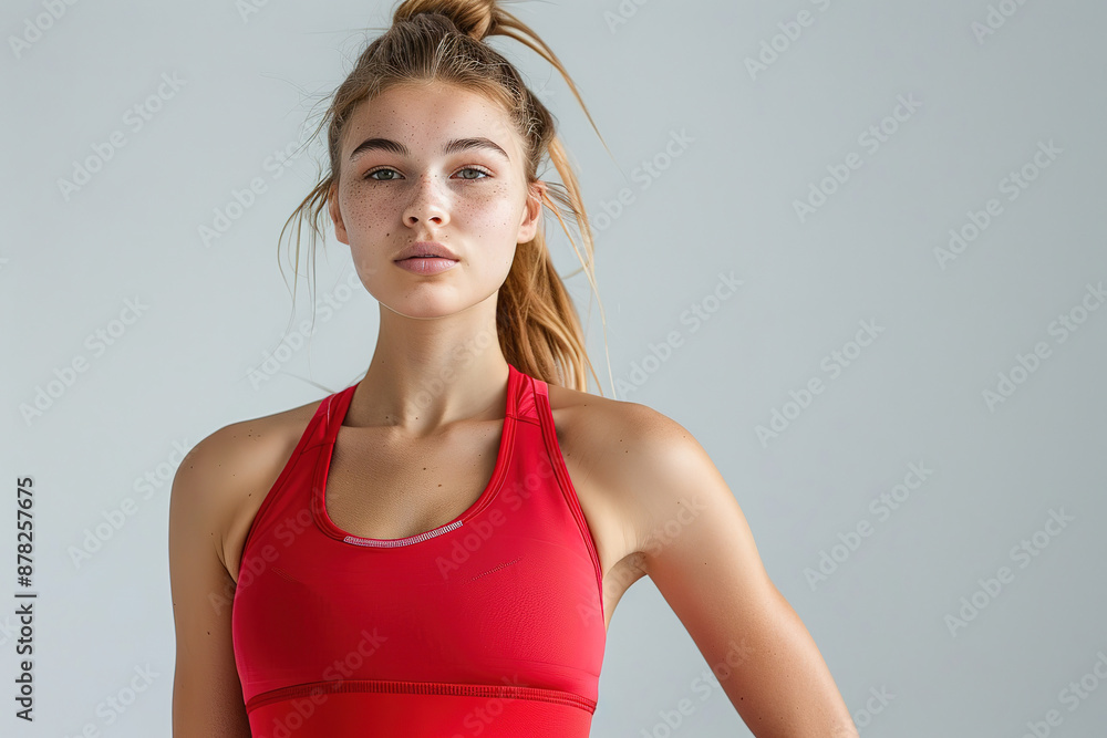a woman with abdominal muscles on plain studio background, arms at side, wearing red Sport clothes, sport advertising a woman with abdominal muscles on plain studio background, arms at side, wearing red Sport clothes, sport advertising