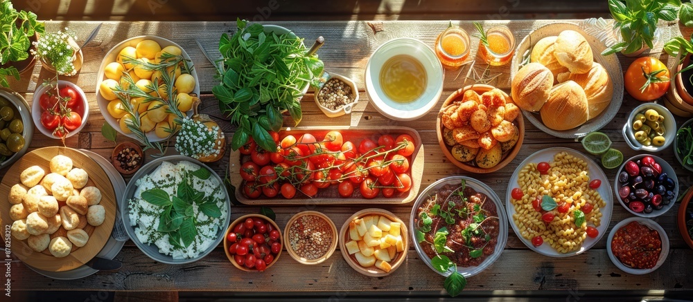 Mediterranean Feast on Wooden Table Mediterranean Feast on Wooden Table
