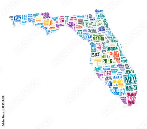 Florida county word cloud. State shape design. Florida colored illustration. County names collage cloud. Vector illustration.