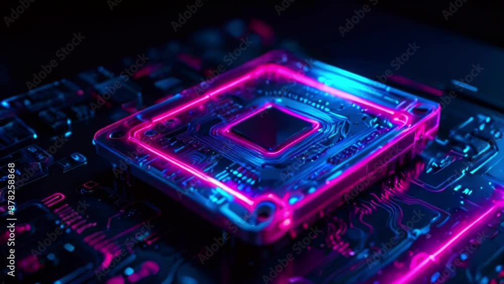 A glowing blue and purple circuit board with a pink neon outline. A glowing blue and purple circuit board with a pink neon outline.