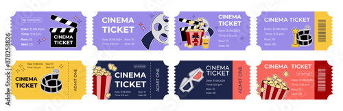 Collection of groovy cinema tickets. Retro movie coupon, design mascot cartoon elements, stickers. Vector 2000s illustration