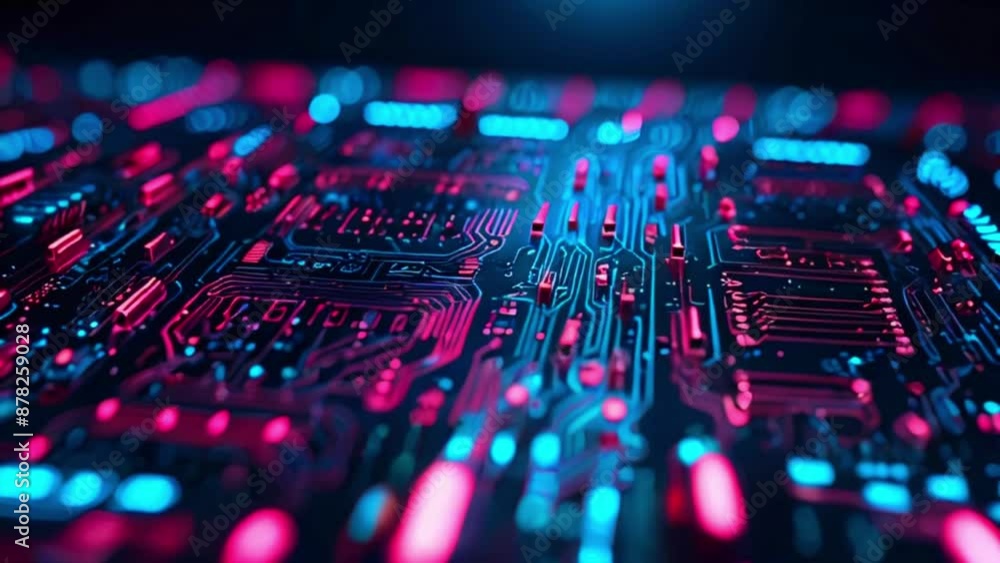 A close-up of a computer circuit board with glowing pink and blue lights. A close-up of a computer circuit board with glowing pink and blue lights.