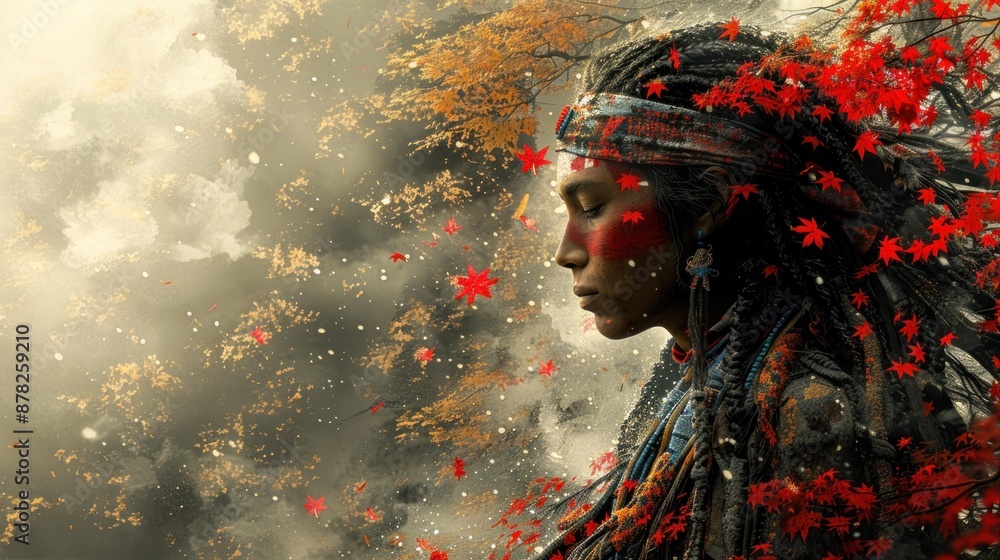 Fototapeta premium Native American Woman Surrounded by Falling Leaves