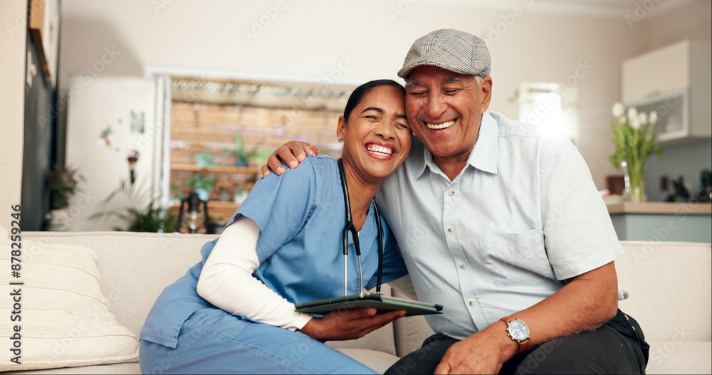 Fototapeta premium Hug, nurse and senior man with tablet in retirement home for examination, wellness and elderly care. Woman, male person and embrace as medic, staff and support in lounge for appointment or check up