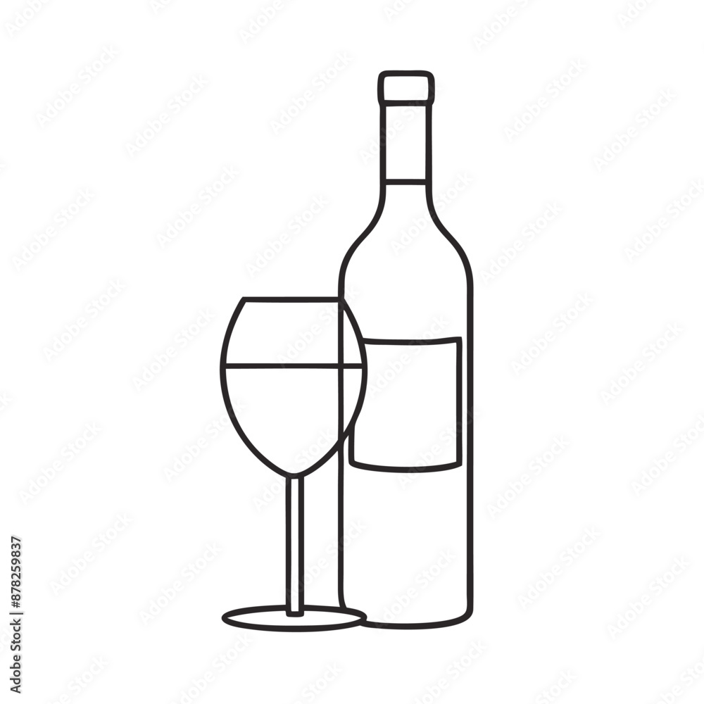 a wine bottle and a wine glass. line art illustration isolated on a white background a wine bottle and a wine glass. line art illustration isolated on a white background