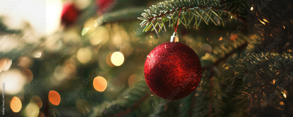 A red ornament hanging on a christmas tree with lights A red ornament hanging on a christmas tree with lights