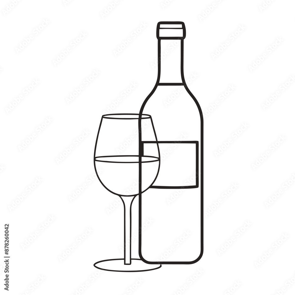 a wine bottle and a wine glass. line art illustration isolated on a white background a wine bottle and a wine glass. line art illustration isolated on a white background