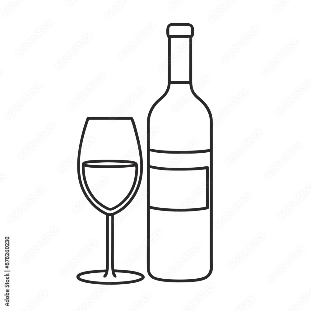 a wine bottle and a wine glass. line art illustration isolated on a white background a wine bottle and a wine glass. line art illustration isolated on a white background