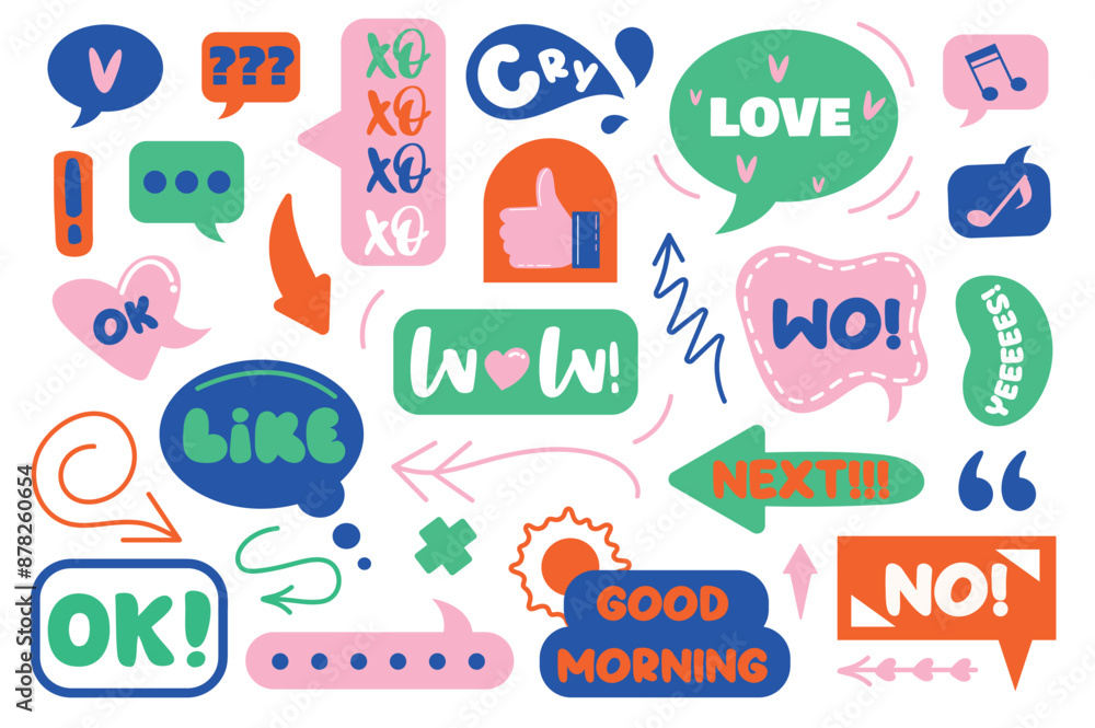 Set of stickers in flat cartoon design. The collection depicts a set of stickers made in bright colors and in a youthful, modern style. Vector illustration. Set of stickers in flat cartoon design. The collection depicts a set of stickers made in bright colors and in a youthful, modern style. Vector illustration.