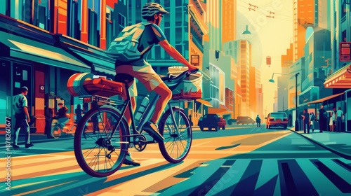 Wallpaper Mural a vibrant city scene where a delivery person is briskly navigating through bustling streets on a bicycle. Torontodigital.ca