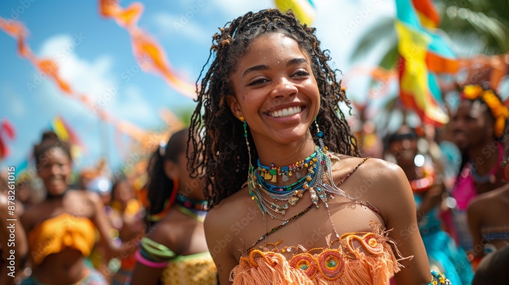 Fototapeta premium A vibrant festival scene with a crowd dancing joyfully under a clear blue sky, basked in sunlight.