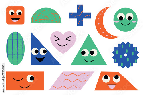 Set of geometric stickers in flat cartoon design. Cute stickers in the form of geometric shapes with emotional faces are shown in this collection. Vector illustration.