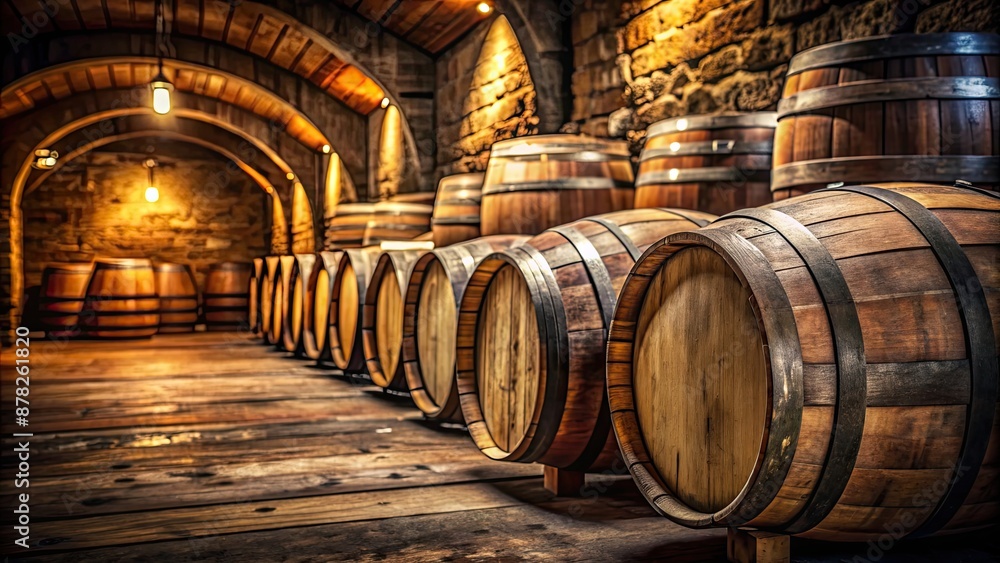 Closeup view of weathered oak wooden barrels in a cellar, barrels, oak, wooden, cellar, aging, storage, old, vintage, rustic Closeup view of weathered oak wooden barrels in a cellar, barrels, oak, wooden, cellar, aging, storage, old, vintage, rustic