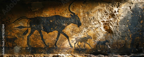 A painting of three animals, including a bull, walking on a wall. The painting is in black and gold colors