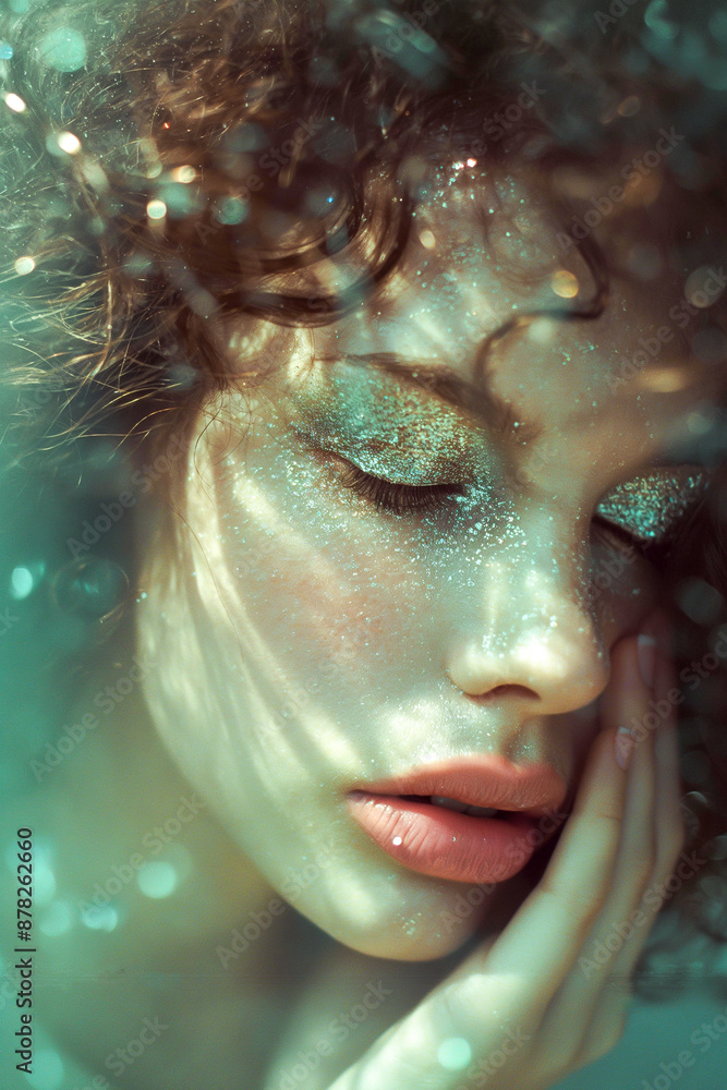 A woman with a greenish blue hair is wearing a lot of glitter on her face A woman with a greenish blue hair is wearing a lot of glitter on her face