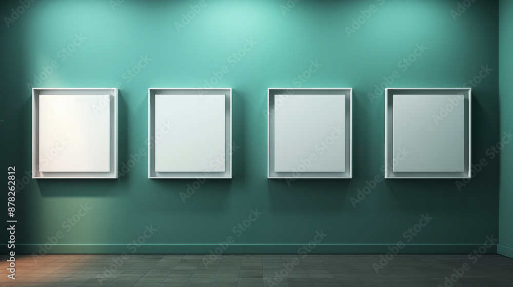 Four Empty Frames on Teal Wall in Modern Exhibition Space
Four Empty Frames on Teal Wall in Modern Exhibition Space