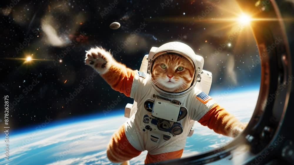 Astronaut cat in space with beautiful stars, in a smooth looping background with 4K video animation Astronaut cat in space with beautiful stars, in a smooth looping background with 4K video animation