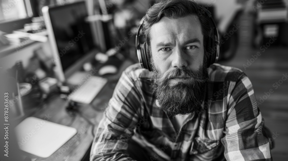 A man with a beard and headphones on his head. He is sitting at a desk with a computer monitor and a keyboard A man with a beard and headphones on his head. He is sitting at a desk with a computer monitor and a keyboard