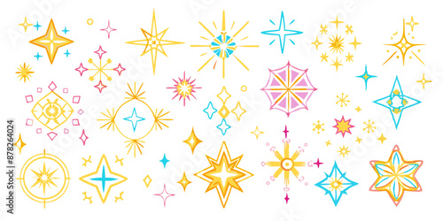 Y2k star sparkle bling abstract tattoo shapes. Simple minimal geometric signs in retro 2000s style.