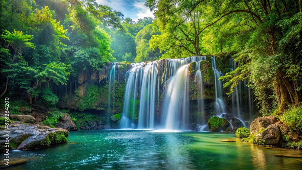 Fototapeta premium Panoramic view of a tranquil deep forest waterfall , deep forest, waterfall, panoramic, beauty, serene, nature, cascade