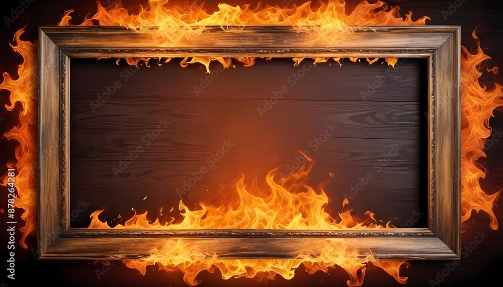 Fototapeta premium A wooden frame background burning in hot flames with matellic colours