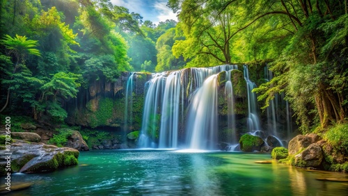 Panoramic view of a tranquil deep forest waterfall , deep forest, waterfall, panoramic, beauty, serene, nature, cascade © Sujid