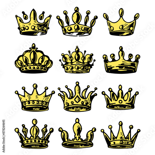 Gold crown icons. Queen king golden crowns luxury royal on blackboard.